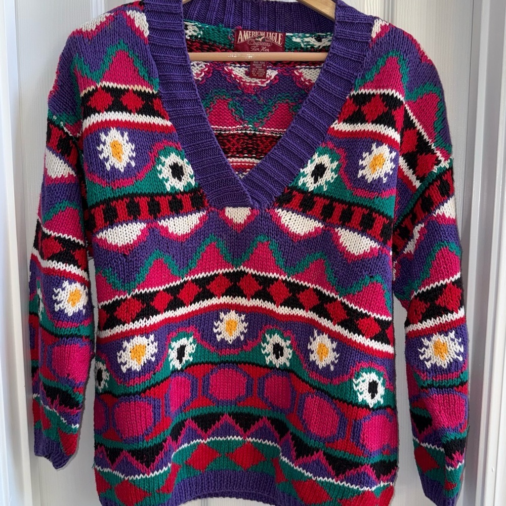 Vintage American Eagle Outfitters Sweater Vibrant Multi L Vneck Grannycore Knit